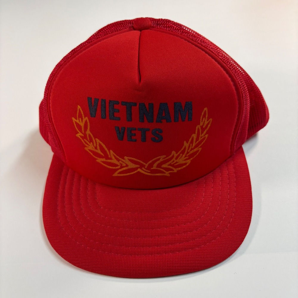 VTG Yupoong Vietnam Vets Trucker Hat Red Snapback Mesh Cap Made in Korea OSFM